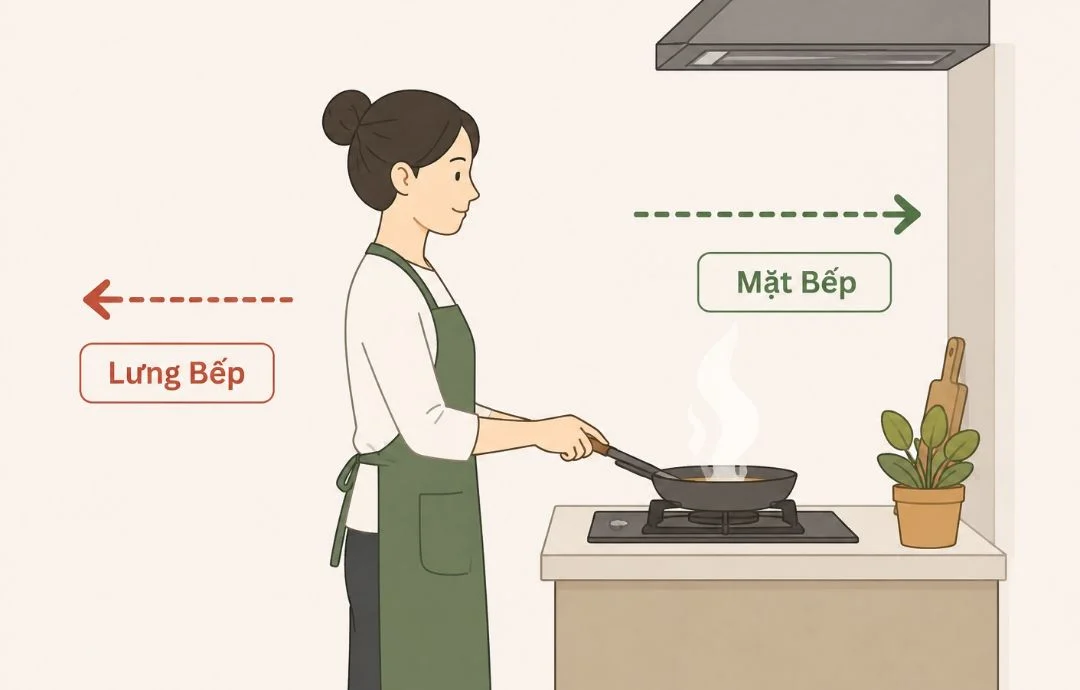 Người đứng nấu: lưng quay về hướng xấu (lưng bếp), mặt nhìn về hướng tốt (mặt bếp)